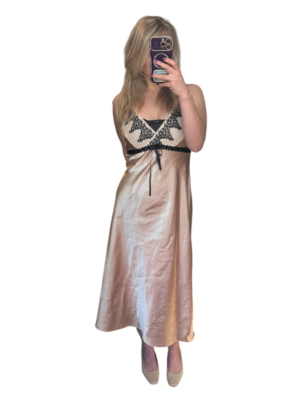 Vintage Y2K Era Delicates Blush Slip Dress with Black Lace Trim Size Medium - Picture 2 of 6